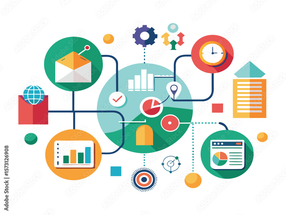Poster abstract business infographic with interconnected icons representing data analysis strategy and work