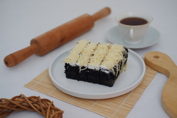 Grated Cheese Brownie Cake and Hot Coffee