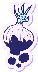 sticker of a cartoon organic onion in bright neon color
