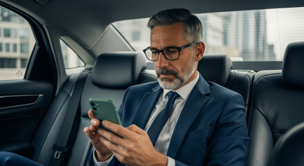 A businessman is using his smartphone while sitting in the backseat of a car