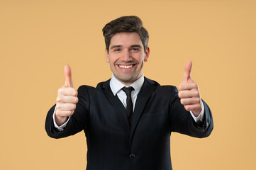 Businessman With Hand Sign Like,Thumbs Up Gesture. Happy Ceo Leader Man On Beige