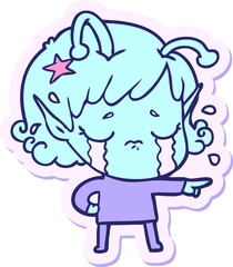 sticker of a cartoon crying alien girl in bright neon color