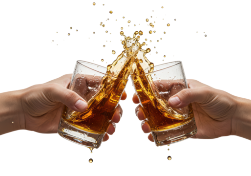 Isolated Two Hands Clinking Glasses of Amber Liquid in Celebration