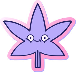 sticker of a cute cartoon marijuana leaf in bright neon color