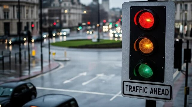 Sequential traffic light signals changing at an urban city intersection during rainy weather