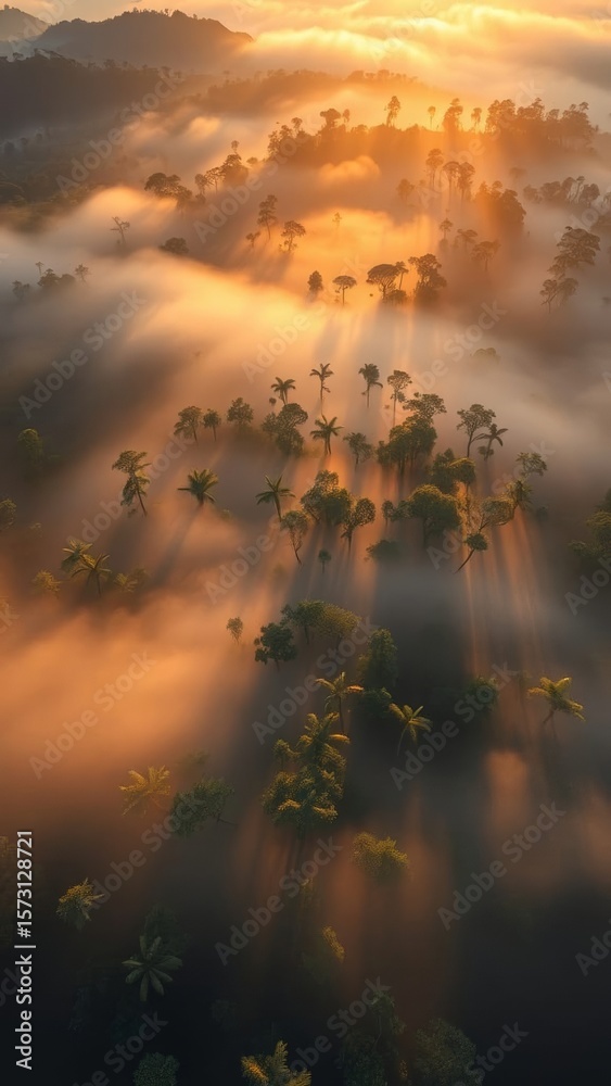 Canvas Prints an aerial view of a cloudy rainforest with sun rays coming through the clouds.