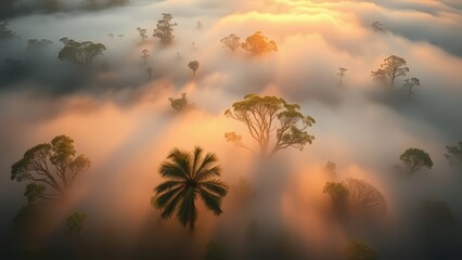 An aerial view of a cloudy rainforest with sun rays coming through the clouds. 