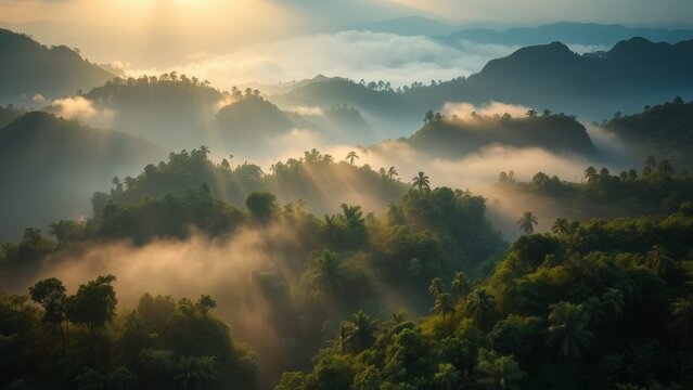 An aerial view of a cloudy rainforest with sun rays coming through the clouds. 