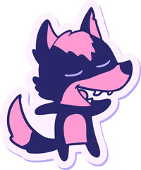 sticker of a cartoon wolf laughing in bright neon color