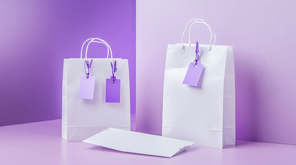 Trio of white paper bags, two upright and one laid flat, lavender tags attached, placed neatly on a pastel lavender stage with soft box lighting