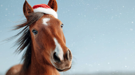 Brown horse wearing Santa hat in snowy weather on blue background