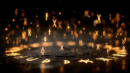 Glowing runes float in dark space above a textured surface