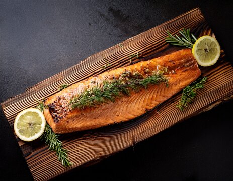 cedar plank roasted salmon with herbs and lemon grilled or smoked on a plank