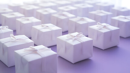 Fototapeta premium Uniform rows of small white gift-style paper bags with minimalist labels, neatly arranged on a lavender matte surface under diffused white light