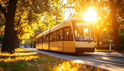 Obraz premium Tram Moving Through City at Sunset with Sun Flare
