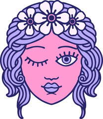 winking face tattoo style design in bright neon color