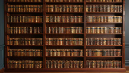 A large wooden bookshelf filled with rows of antique books