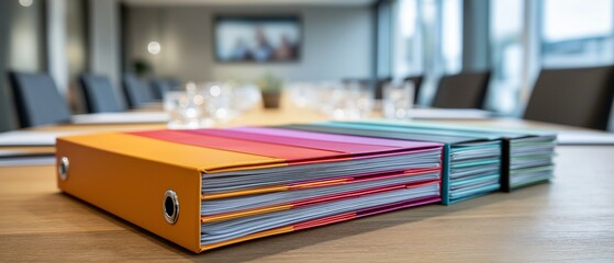 Colorful binders on a conference table in a modern office. The binders are stacked neatly and feature a variety of colors, suggesting organization and preparation for a meeting.