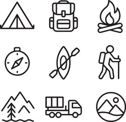 Obraz premium Camping, outdoor adventure icon set. Vector glyph pictograms of eco-tourism, tent, backpack, campfire, compass, kayak, hiking, travel, wilderness exploration line art vector illustration 