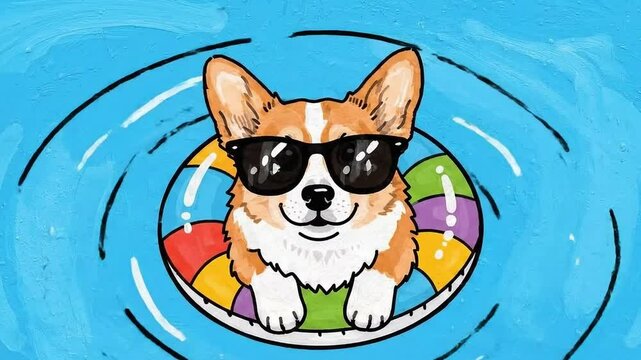 Cool Corgi Cartoon in Sunglasses Floating on Pool Float