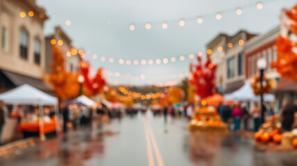 Blurry fall festival street scene with tents and string lights, small town Thanksgiving celebration background for market events, lifestyle visuals, or seasonal promotion