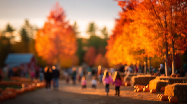Family outing at a pumpkin patch with hay bales and autumn trees, blurry Thanksgiving weekend scene for fall event promotion, seasonal background, or editorial use
