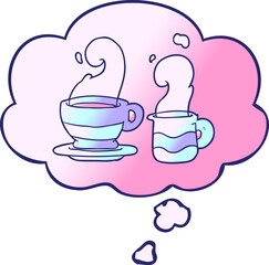 cartoon cup of coffee with thought bubble in smooth gradient style in bright neon color