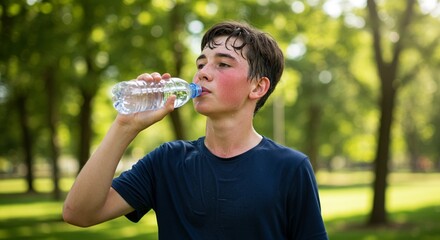 Young Boy Drinking Water Outdoors After Exercise