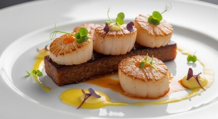 Gourmet Pan Seared Scallops served on a Bed of Dark Bread with Saffron Sauce and Garnish