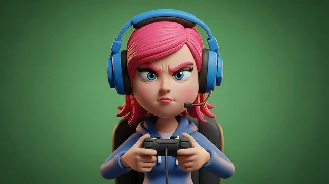 Cartoon Gamer Girl With Angry Expression Holding Controller