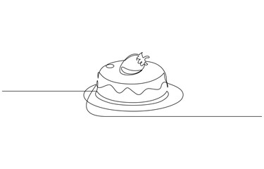 Slice of tart cake with strawberries in one line drawing. Simple design for food concepts, Sweet pastry concept. Modern one line draw design vector graphic illustration for cake shop.