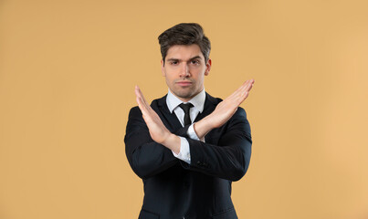 Dissatisfied Businessman Disapproving With No Sign, Refuse Offer. Rejecting
