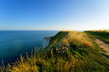  The GR21 hiking trail and the panda's eye hole on the Courtine cliff in Normandy coast
