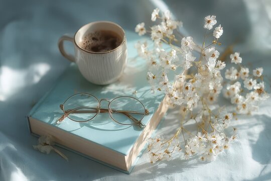 Still life with coffee cup book glasses and white flowers on blue fabric