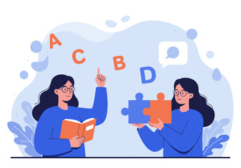 Two women collaborate on education, one reading, the other holding puzzle pieces, with letters floating above, symbolizing learning and teamwork in a creative environment.