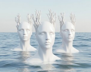 Three white, stylized heads atop coral-like structures float in calm ocean waters