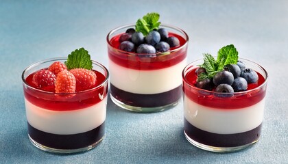 yogurt layered dessert with jelly and fresh berries in small glass cups