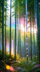 Walking in a Lush Bamboo Forest with Sunlight and Magical Lights