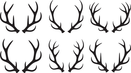 Collection of six black deer antler silhouettes isolated on transparent background