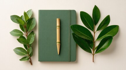 Green notebook, bamboo pen, leaves