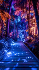 Walking on Boardwalk in Forest Lit with Colorful Lights at Night