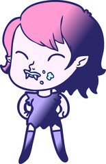 cartoon vampire girl with blood on cheek in bright neon color