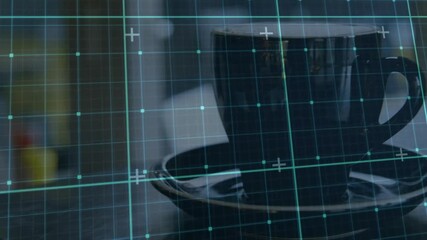 Turquoise grid fading in initiating scan, panning left, expanding coffee cup, centering frame - Powered by Adobe