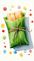Traditional tamales wrapped in green banana leaves, tied with twine, served with colorful decorative elements on white background.
