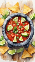 Traditional Mexican salsa served in a black molcajete, garnished with lime slices and fresh cilantro on top.
