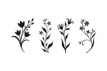 Elegant black silhouette floral designs with delicate leaves and buds