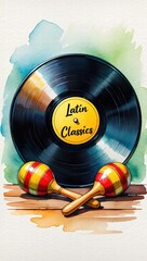 Black vinyl record labeled “Latin Classics” placed beside a pair of colorful maracas, symbolizing classic Latin music. Latin Classics vinyl record with maracas

