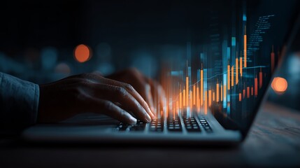 Person engages in data analysis on laptop while viewing financial charts in a darkened workspace at night