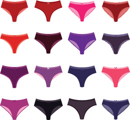 Vector illustration set of colorful women's underwear, including various styles of panties and briefs, ideal for lingerie, intimate apparel, comfort, and fashion concepts on white background.