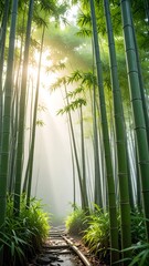 Walking Path Through Bamboo Grove with Sunlight and Fog